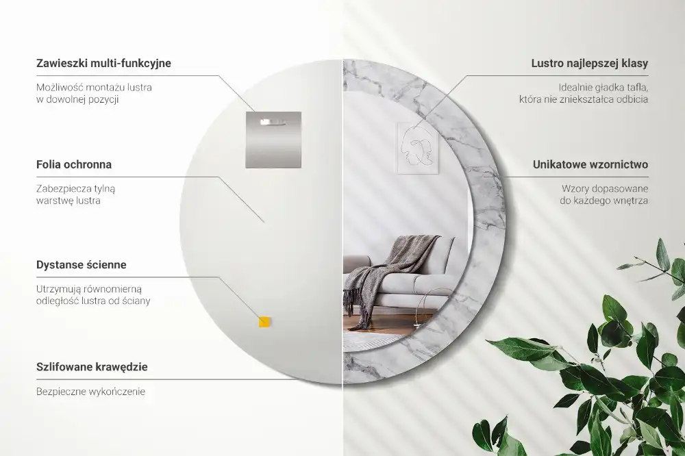 Oglindă rotundă decorativă de perete cu aspect de marmură albă