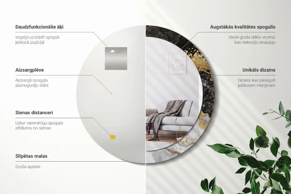 Oglinda rotunda rama cu imprimeu marmură loft
