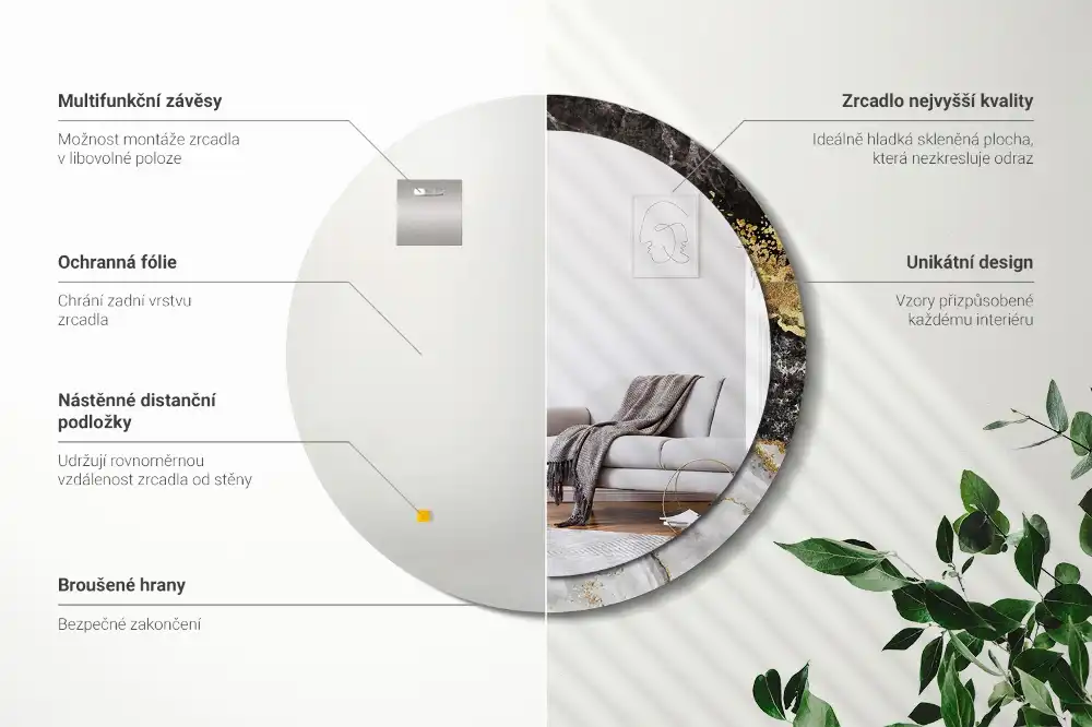 Oglinda rotunda rama cu imprimeu marmură loft