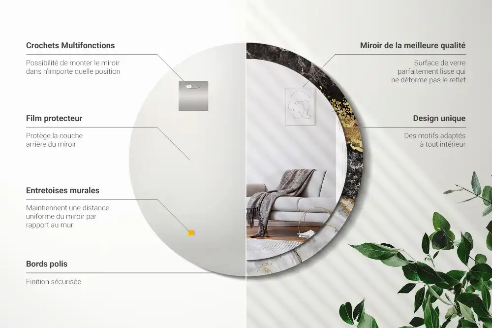 Oglinda rotunda rama cu imprimeu marmură loft