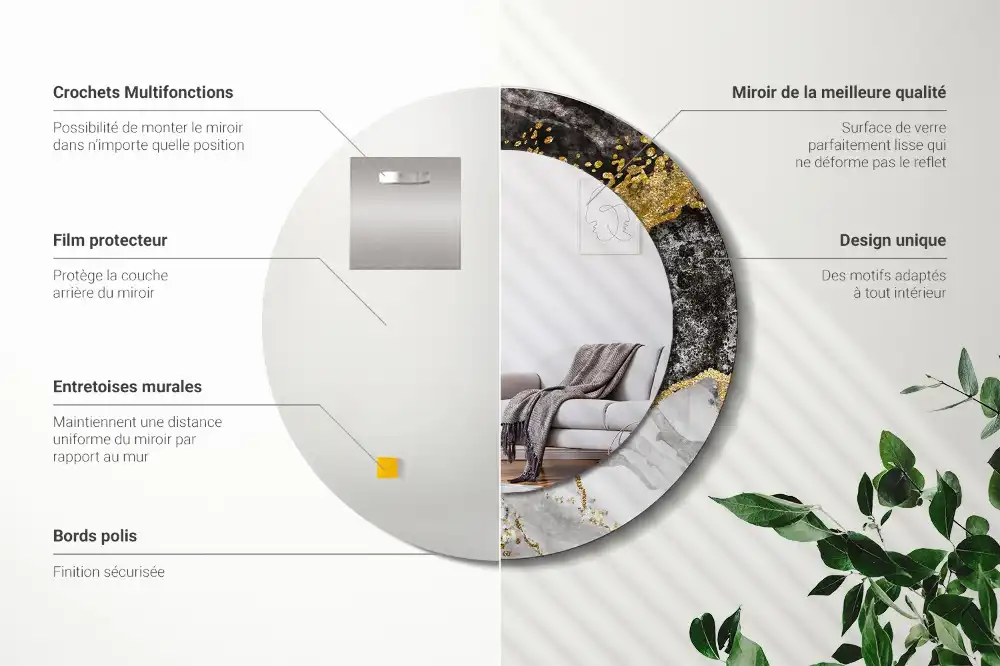 Oglinda rotunda rama cu imprimeu marmură loft