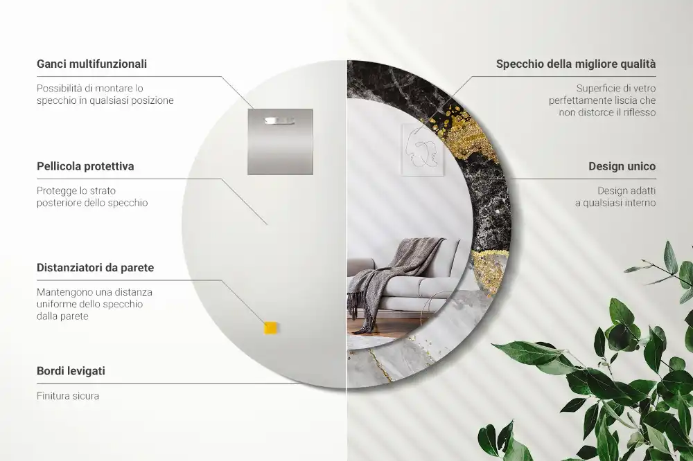 Oglinda rotunda rama cu imprimeu marmură loft