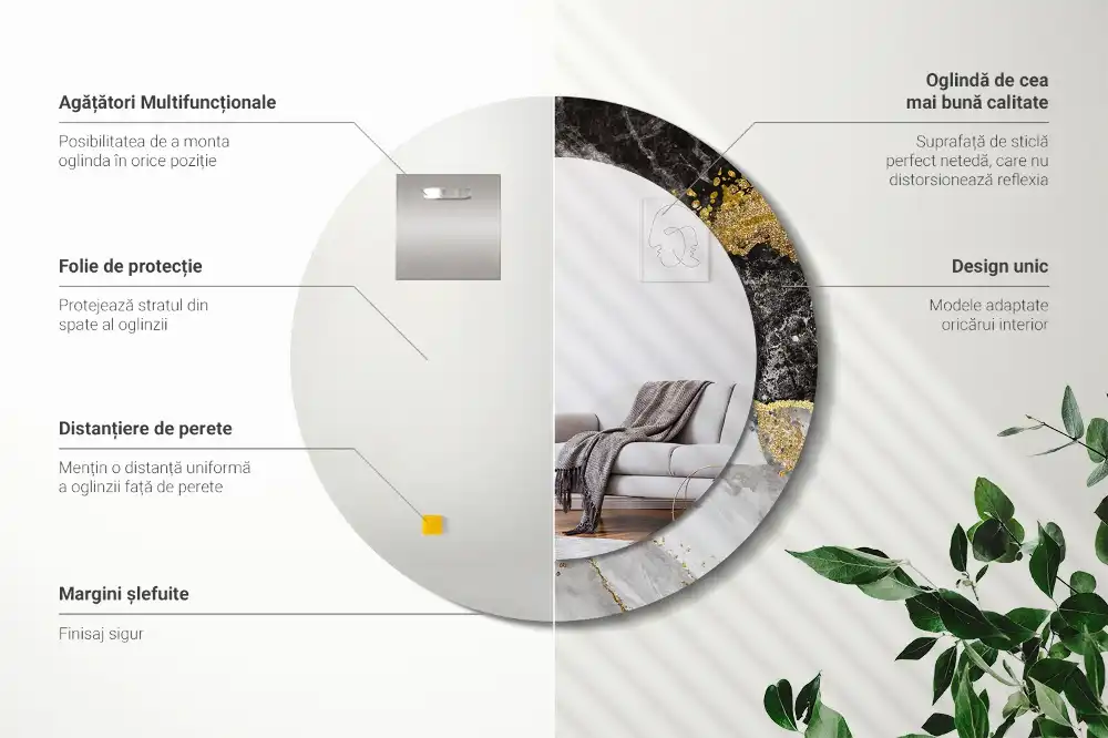 Oglinda rotunda rama cu imprimeu marmură loft