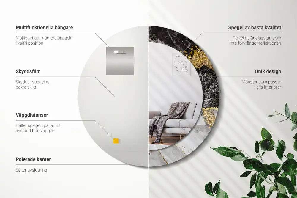 Oglinda rotunda rama cu imprimeu marmură loft