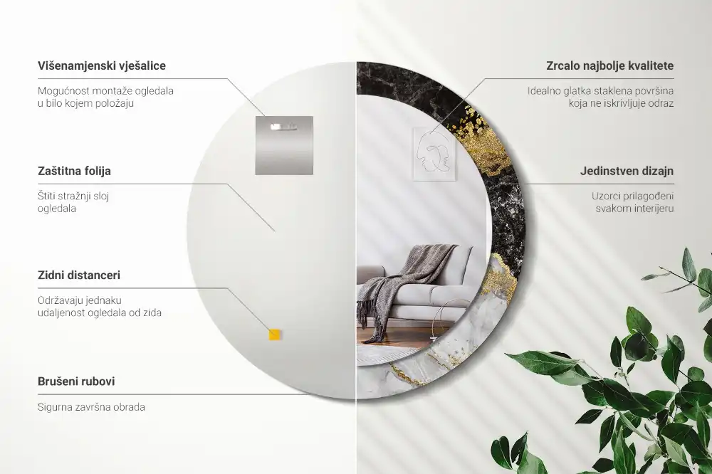 Oglinda rotunda rama cu imprimeu marmură loft