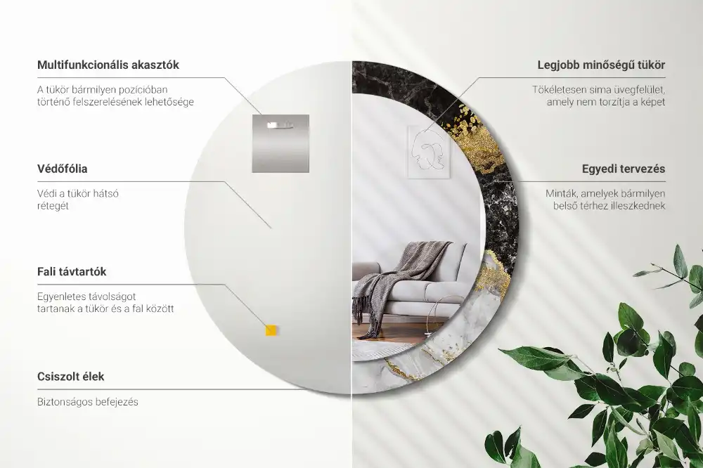 Oglinda rotunda rama cu imprimeu marmură loft