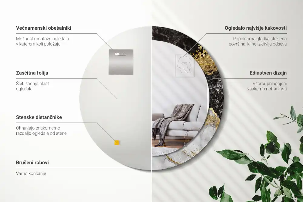 Oglinda rotunda rama cu imprimeu marmură loft