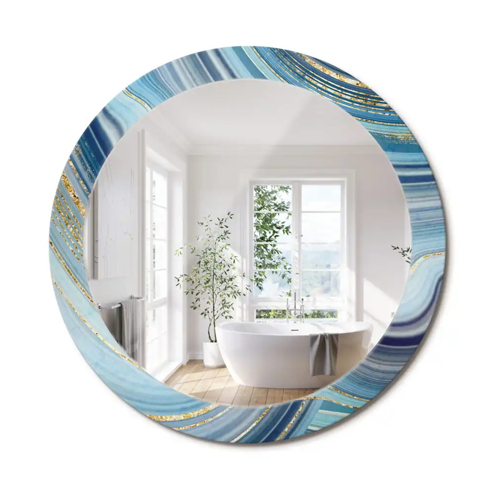 Oglindă rotundă decorativă cu aspect de marmură albastră