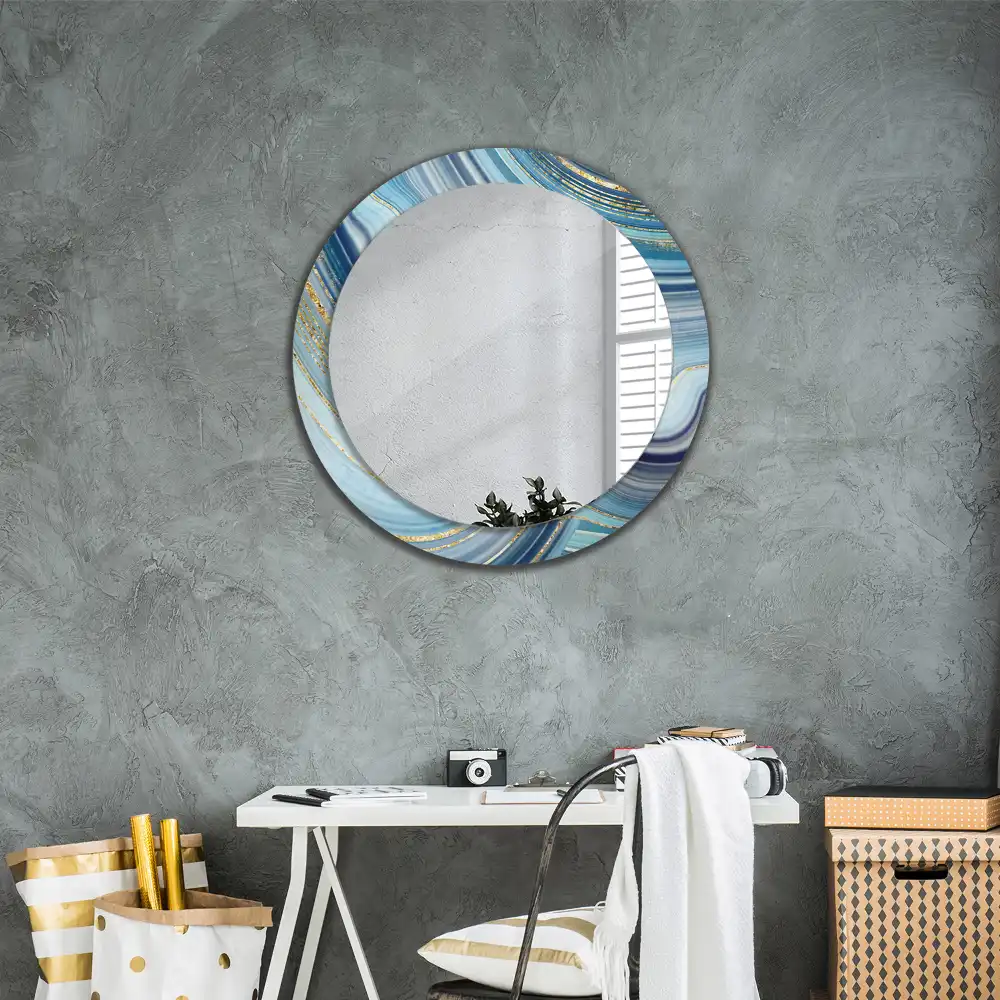 Oglindă rotundă decorativă cu aspect de marmură albastră