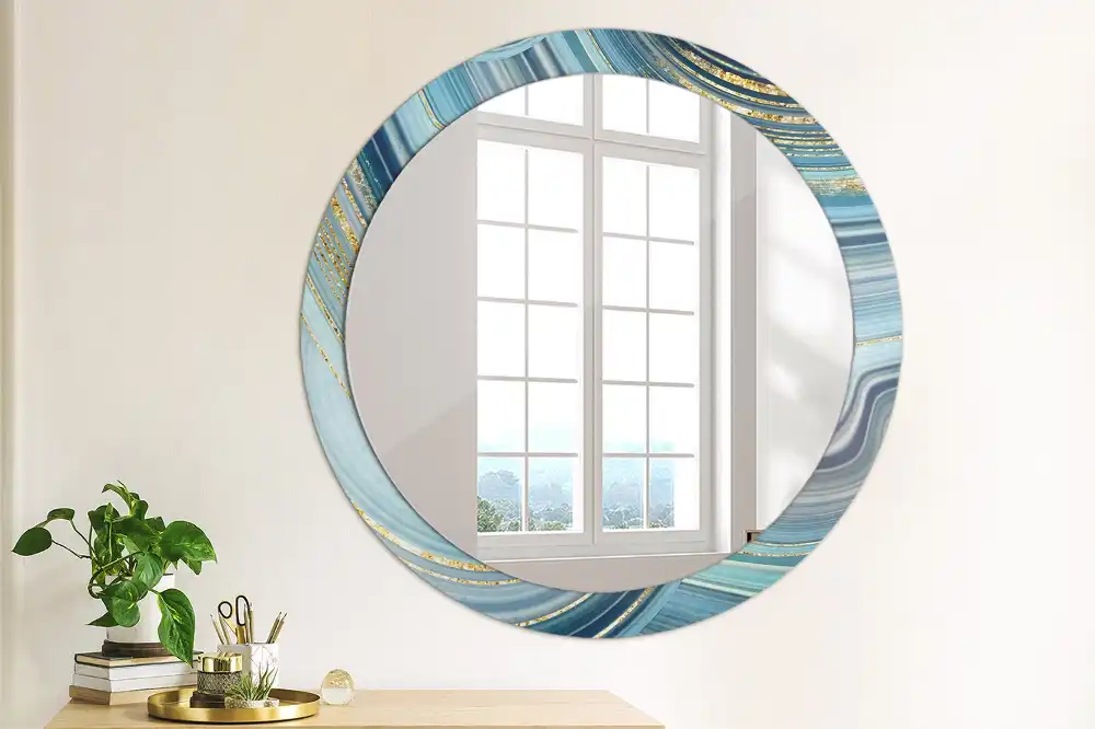 Oglindă rotundă decorativă cu aspect de marmură albastră