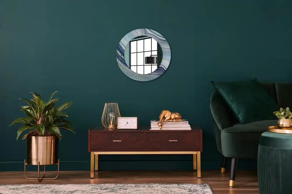 Oglindă rotundă decorativă cu aspect de marmură albastră