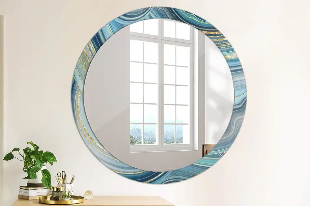 Oglindă rotundă decorativă cu aspect de marmură albastră