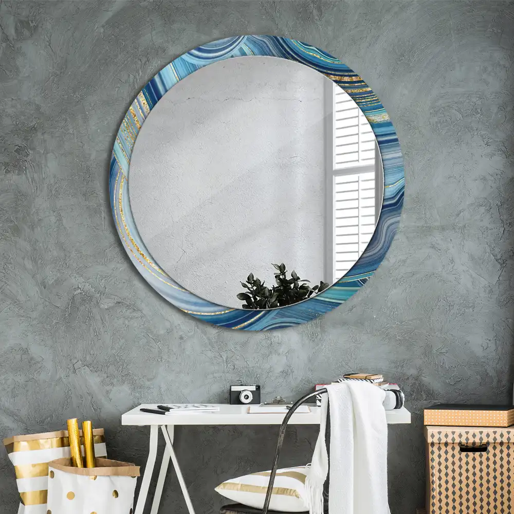 Oglindă rotundă decorativă cu aspect de marmură albastră