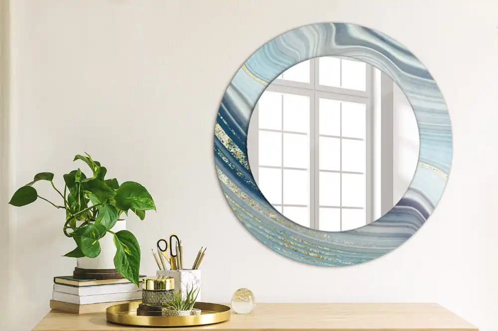 Oglindă rotundă decorativă cu aspect de marmură albastră