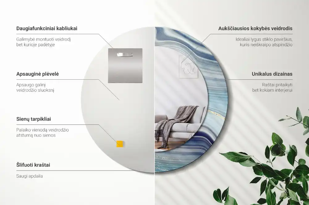 Oglindă rotundă decorativă cu aspect de marmură albastră
