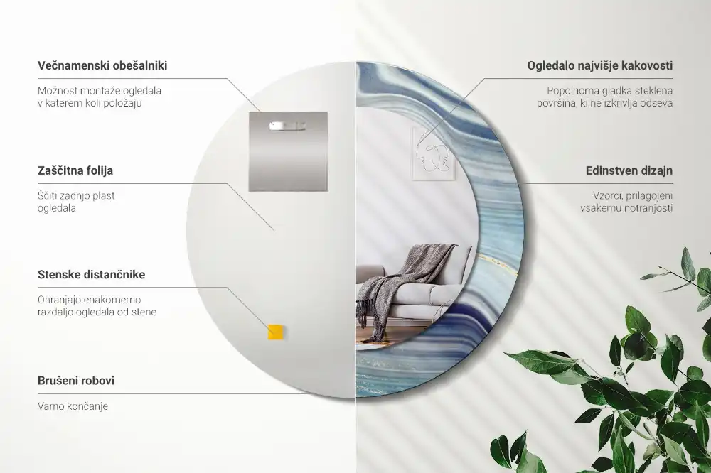 Oglindă rotundă decorativă cu aspect de marmură albastră