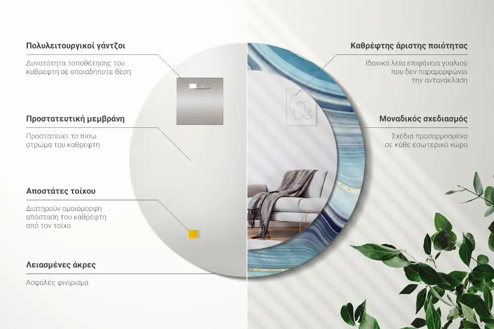Oglindă rotundă decorativă cu aspect de marmură albastră