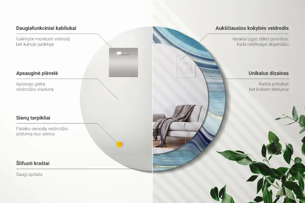 Oglindă rotundă decorativă cu aspect de marmură albastră