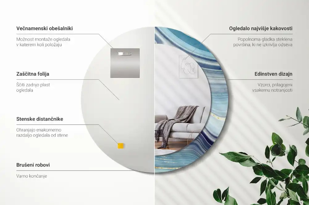Oglindă rotundă decorativă cu aspect de marmură albastră