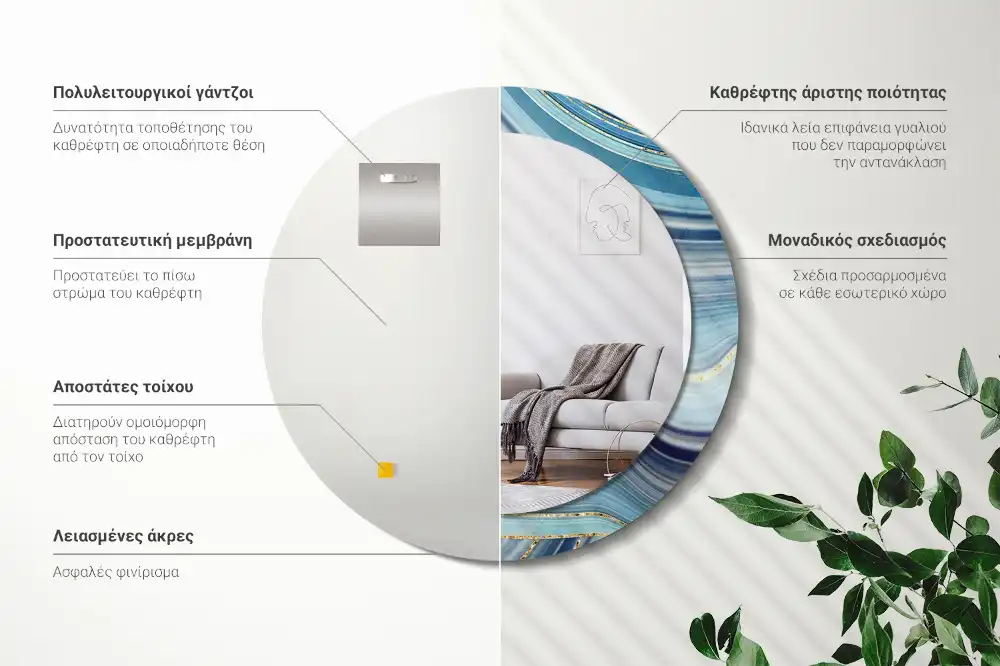 Oglindă rotundă decorativă cu aspect de marmură albastră