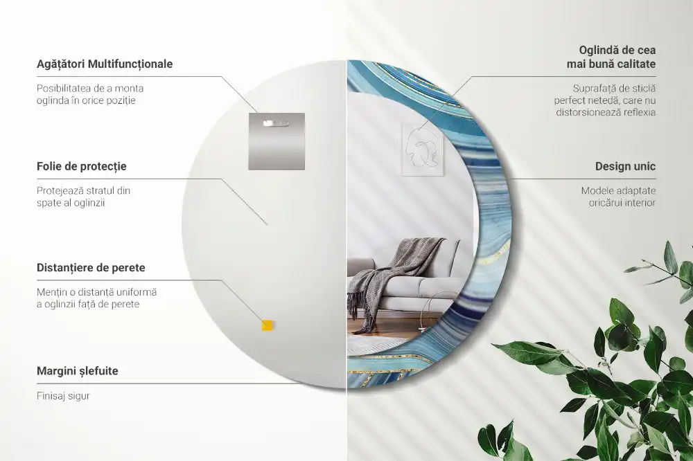 Oglindă rotundă decorativă cu aspect de marmură albastră