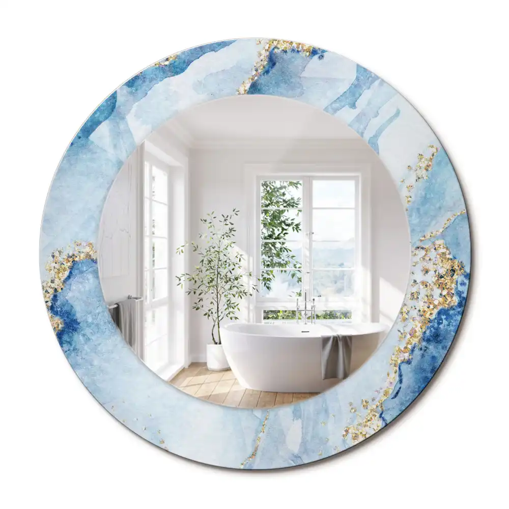 Oglindă rotundă decorativă cu aspect de marmură albastră pentru perete
