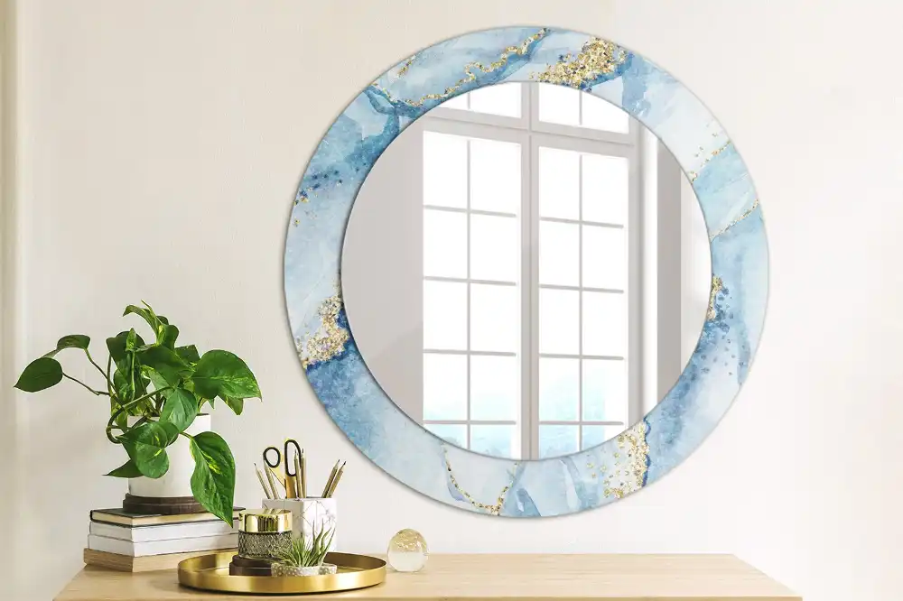 Oglindă rotundă decorativă cu aspect de marmură albastră pentru perete