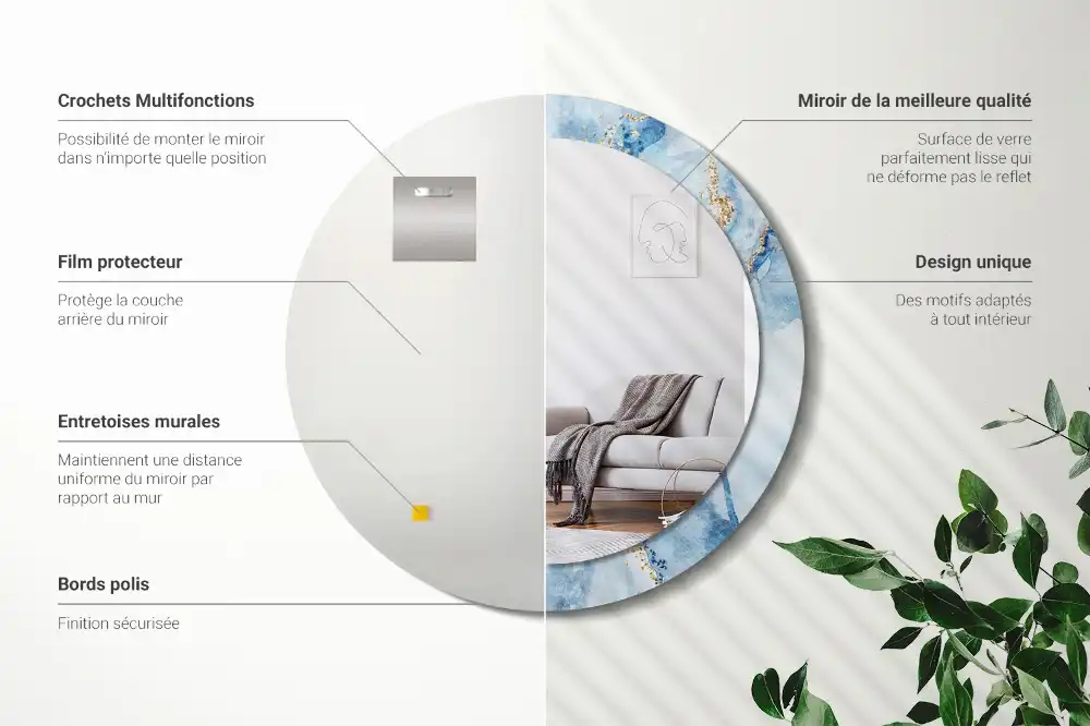 Oglindă rotundă decorativă cu aspect de marmură albastră pentru perete