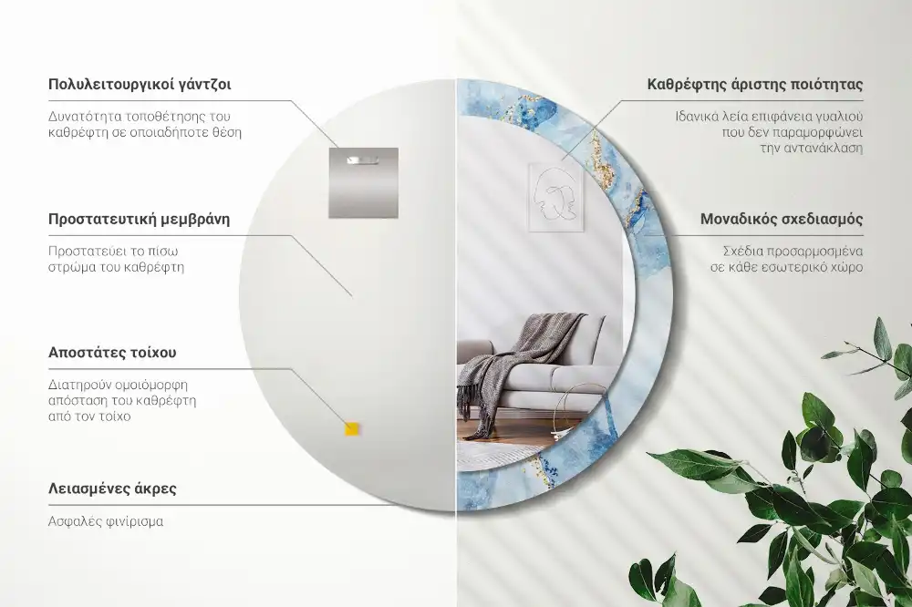 Oglindă rotundă decorativă cu aspect de marmură albastră pentru perete