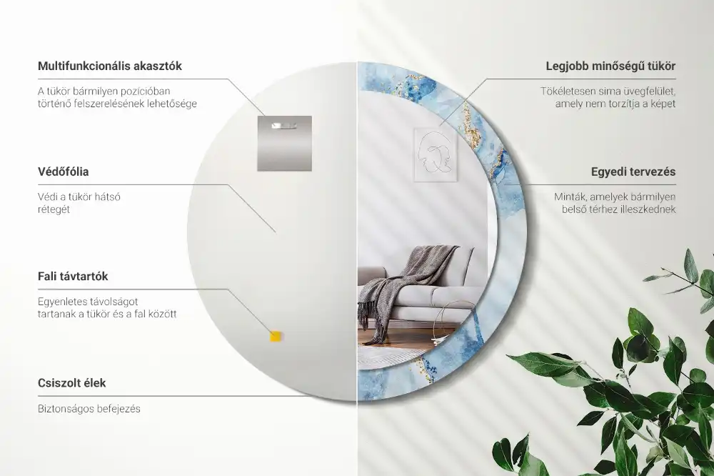Oglindă rotundă decorativă cu aspect de marmură albastră pentru perete