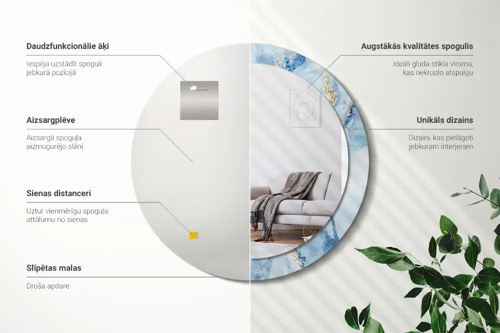 Oglindă rotundă decorativă cu aspect de marmură albastră pentru perete
