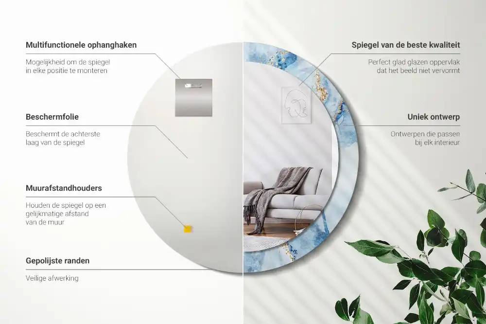 Oglindă rotundă decorativă cu aspect de marmură albastră pentru perete
