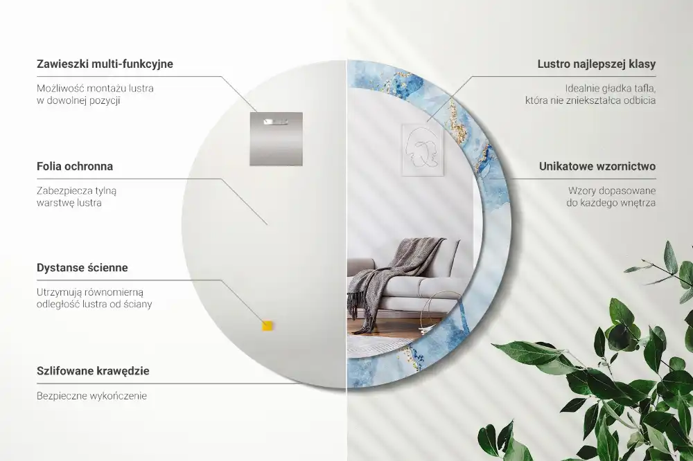 Oglindă rotundă decorativă cu aspect de marmură albastră pentru perete