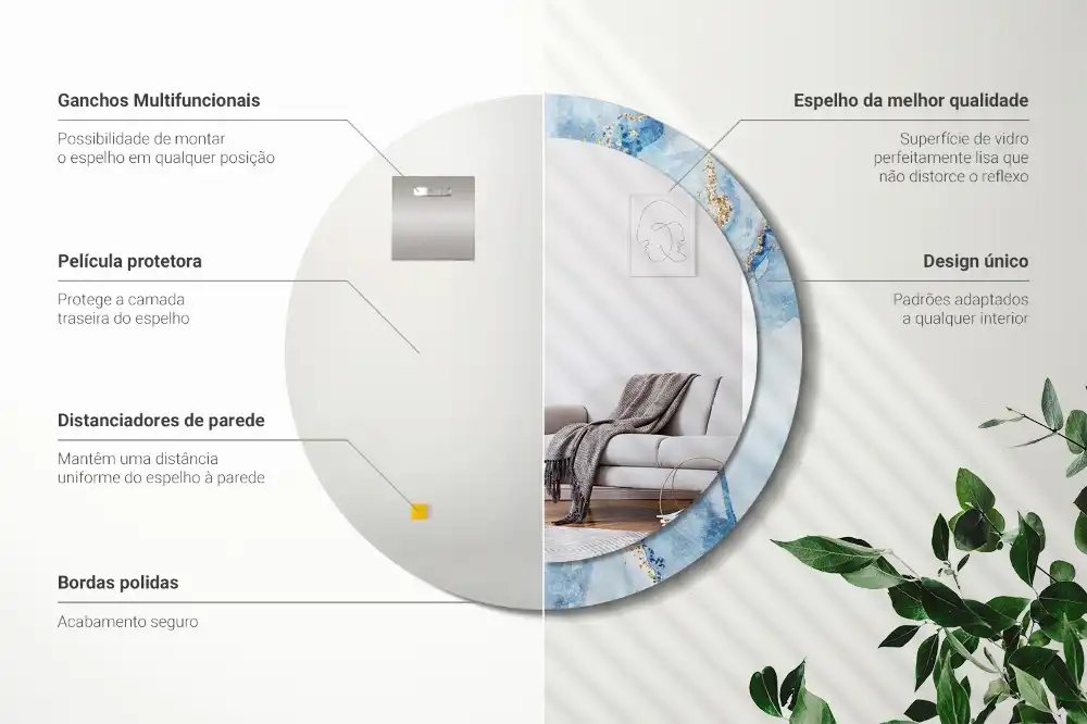 Oglindă rotundă decorativă cu aspect de marmură albastră pentru perete