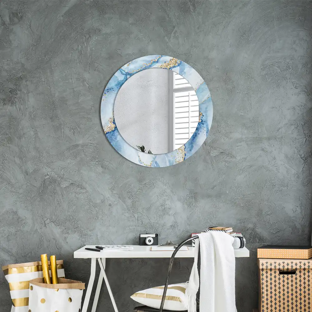 Oglindă rotundă decorativă cu aspect de marmură albastră pentru perete