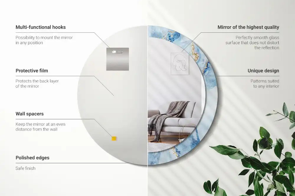 Oglindă rotundă decorativă cu aspect de marmură albastră pentru perete