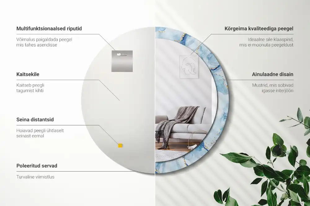 Oglindă rotundă decorativă cu aspect de marmură albastră pentru perete