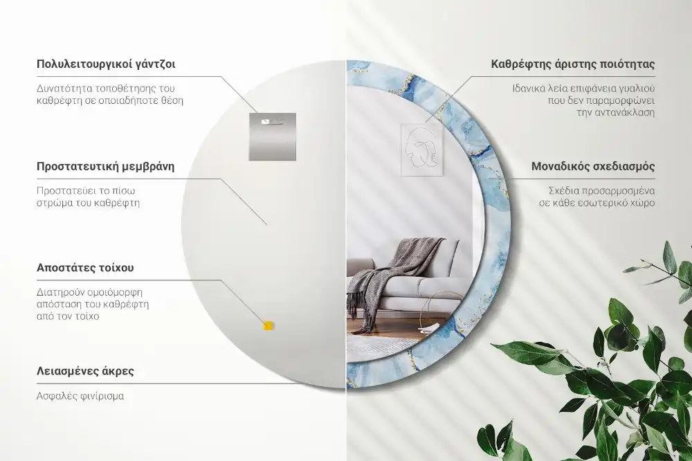Oglindă rotundă decorativă cu aspect de marmură albastră pentru perete