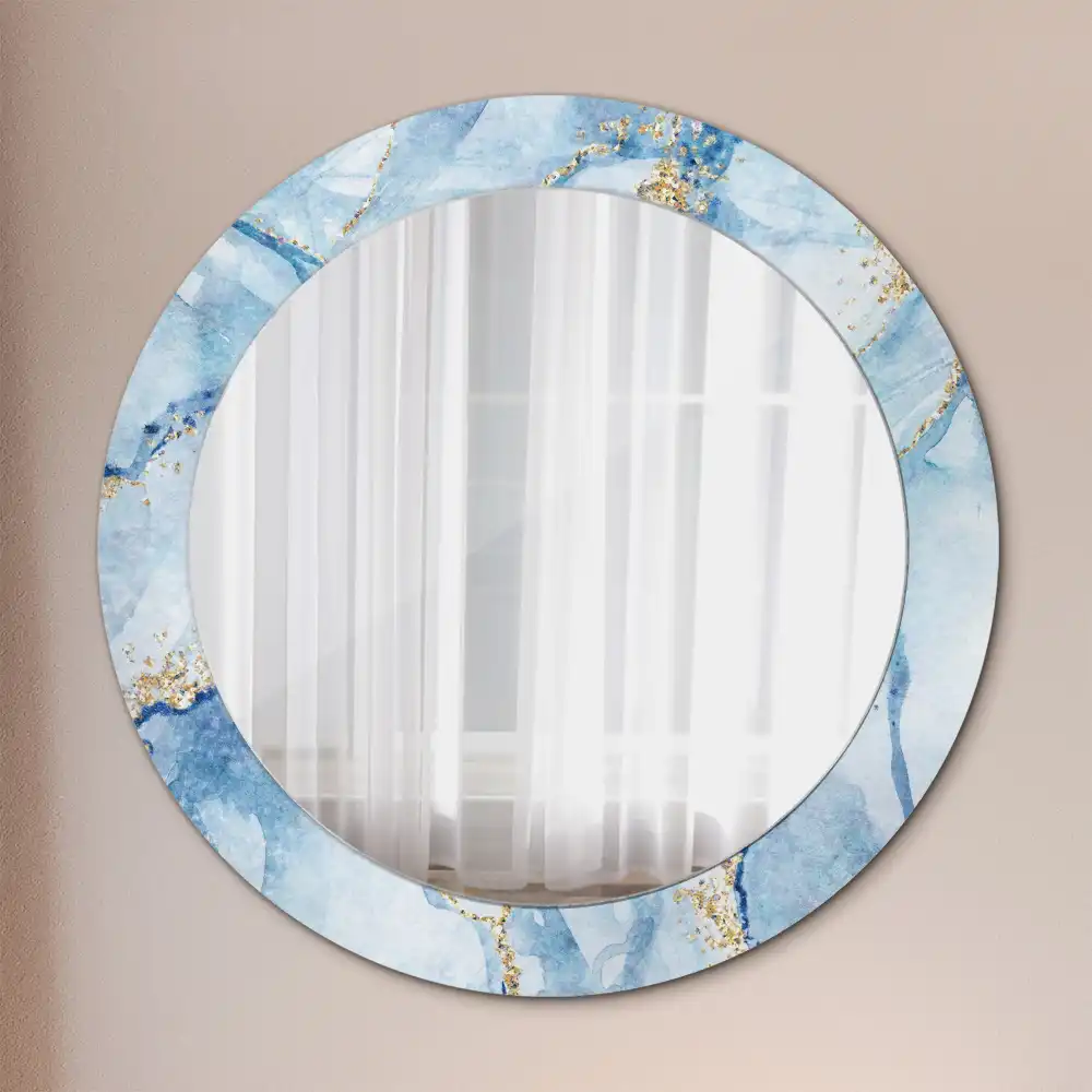 Oglindă rotundă decorativă cu aspect de marmură albastră pentru perete