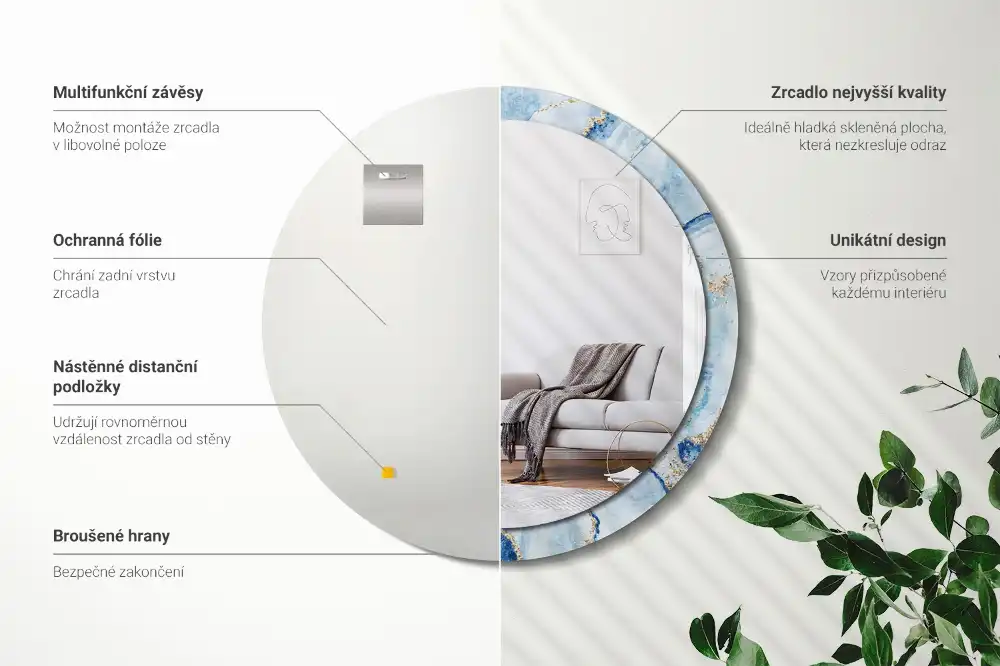 Oglindă rotundă decorativă cu aspect de marmură albastră pentru perete