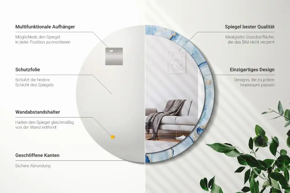 Oglindă rotundă decorativă cu aspect de marmură albastră pentru perete
