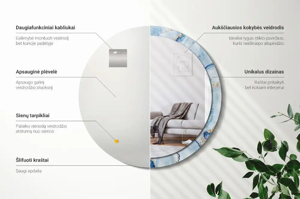 Oglindă rotundă decorativă cu aspect de marmură albastră pentru perete
