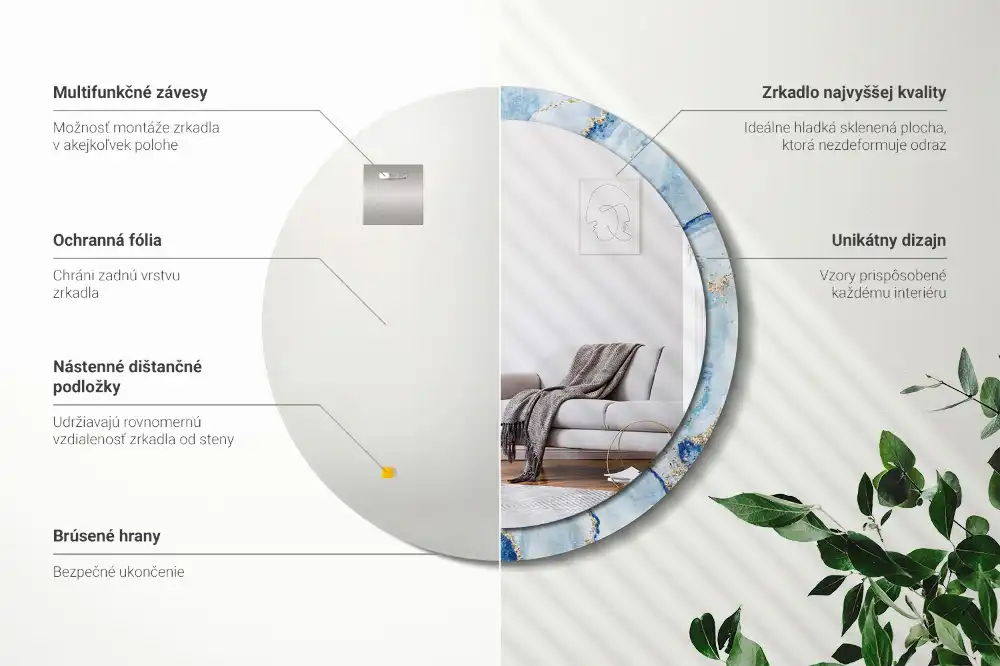 Oglindă rotundă decorativă cu aspect de marmură albastră pentru perete