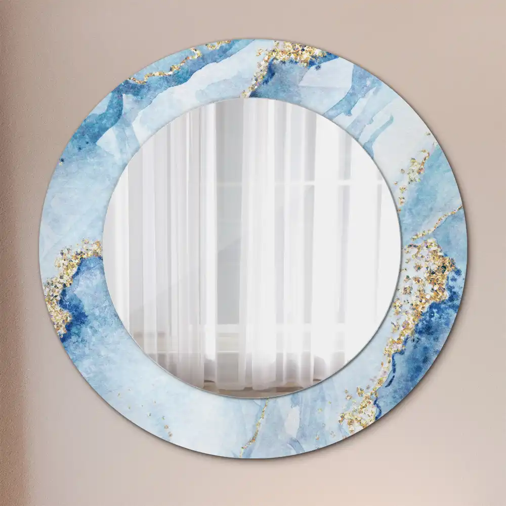 Oglindă rotundă decorativă cu aspect de marmură albastră pentru perete