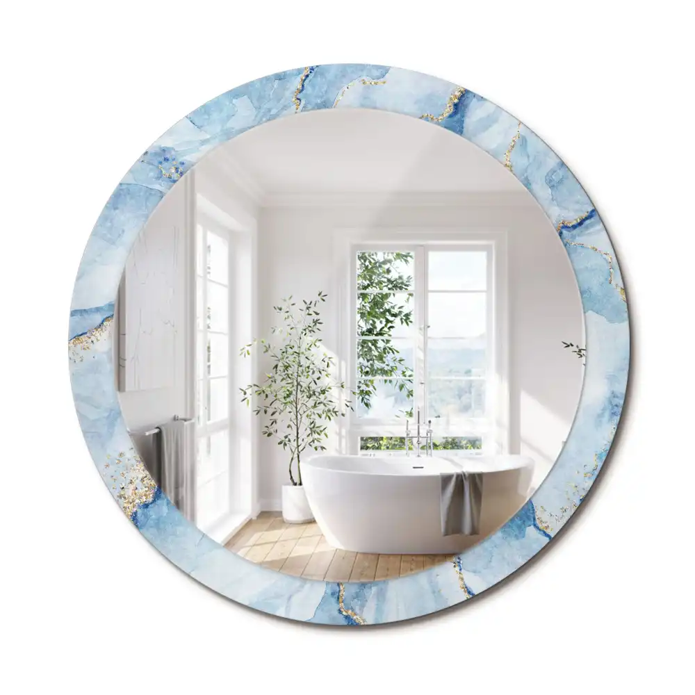 Oglindă rotundă decorativă cu aspect de marmură albastră pentru perete