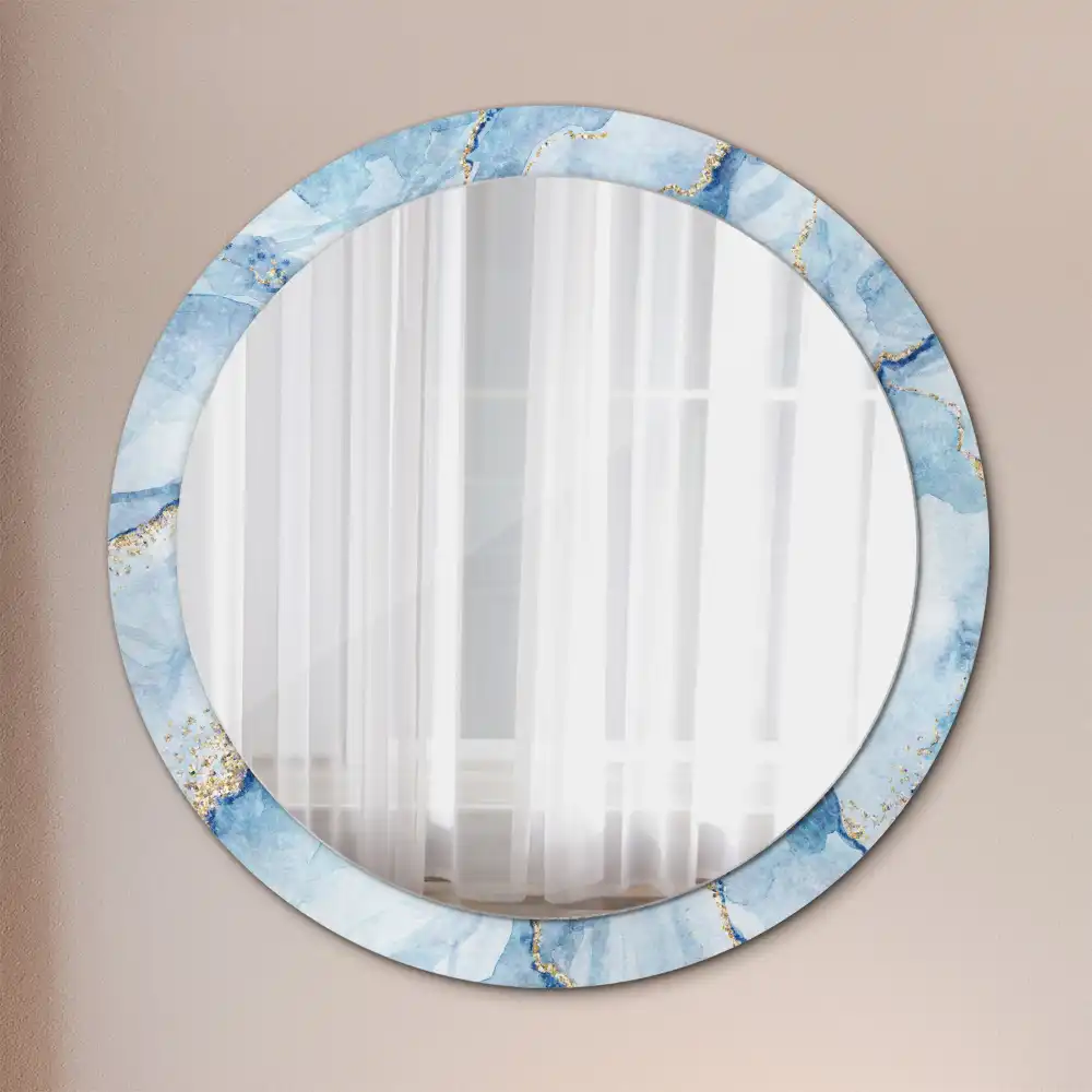 Oglindă rotundă decorativă cu aspect de marmură albastră pentru perete