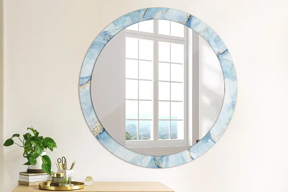 Oglindă rotundă decorativă cu aspect de marmură albastră pentru perete