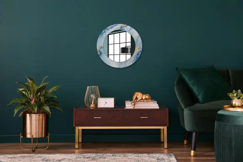 Oglindă rotundă decorativă cu aspect de marmură albastră pentru perete