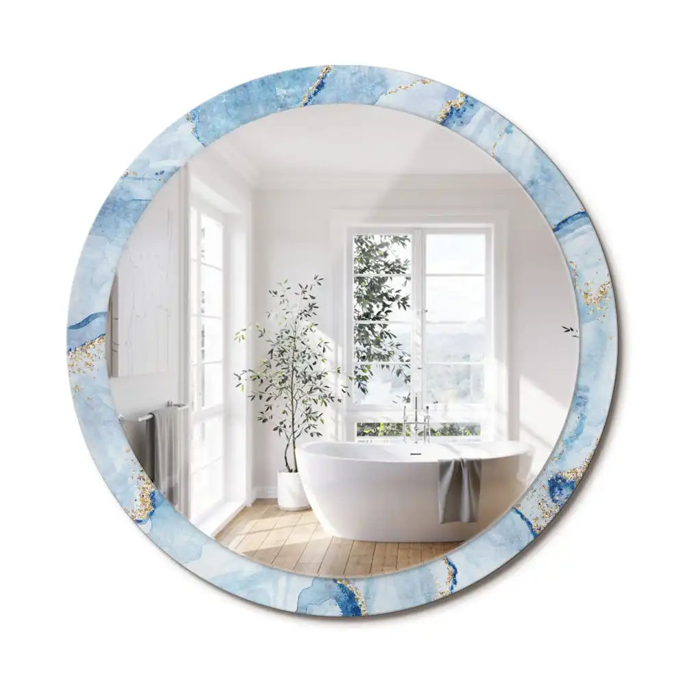 Oglindă rotundă decorativă cu aspect de marmură albastră pentru perete