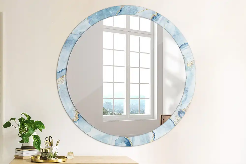Oglindă rotundă decorativă cu aspect de marmură albastră pentru perete